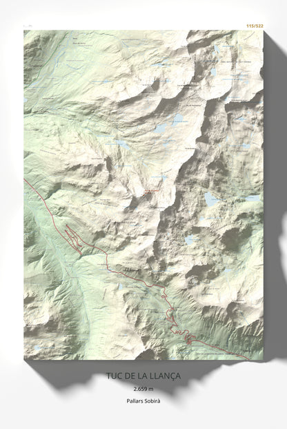 Mapa de relieve de Tuc de la Llança, 2659 m, Pallars Sobirà, lámina 100 Cims de Trobart 61 × 91 cm.
