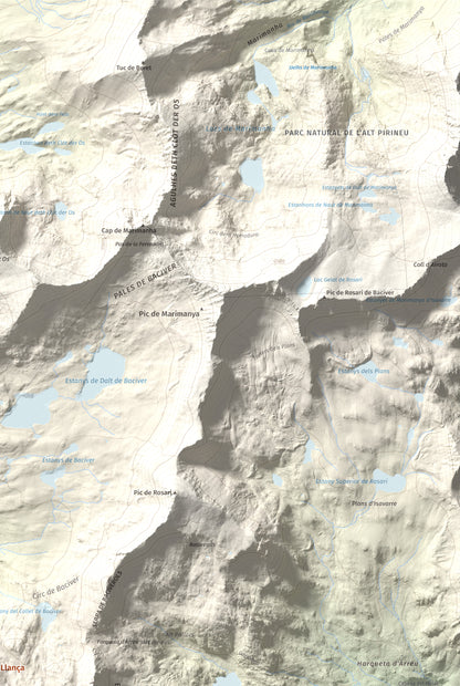 Mapa de relieve de Tuc de la Llança, 2659 m, Pallars Sobirà, lámina 100 Cims de Trobart. Detalle de la zona superior derecha. 61 × 91 cm.