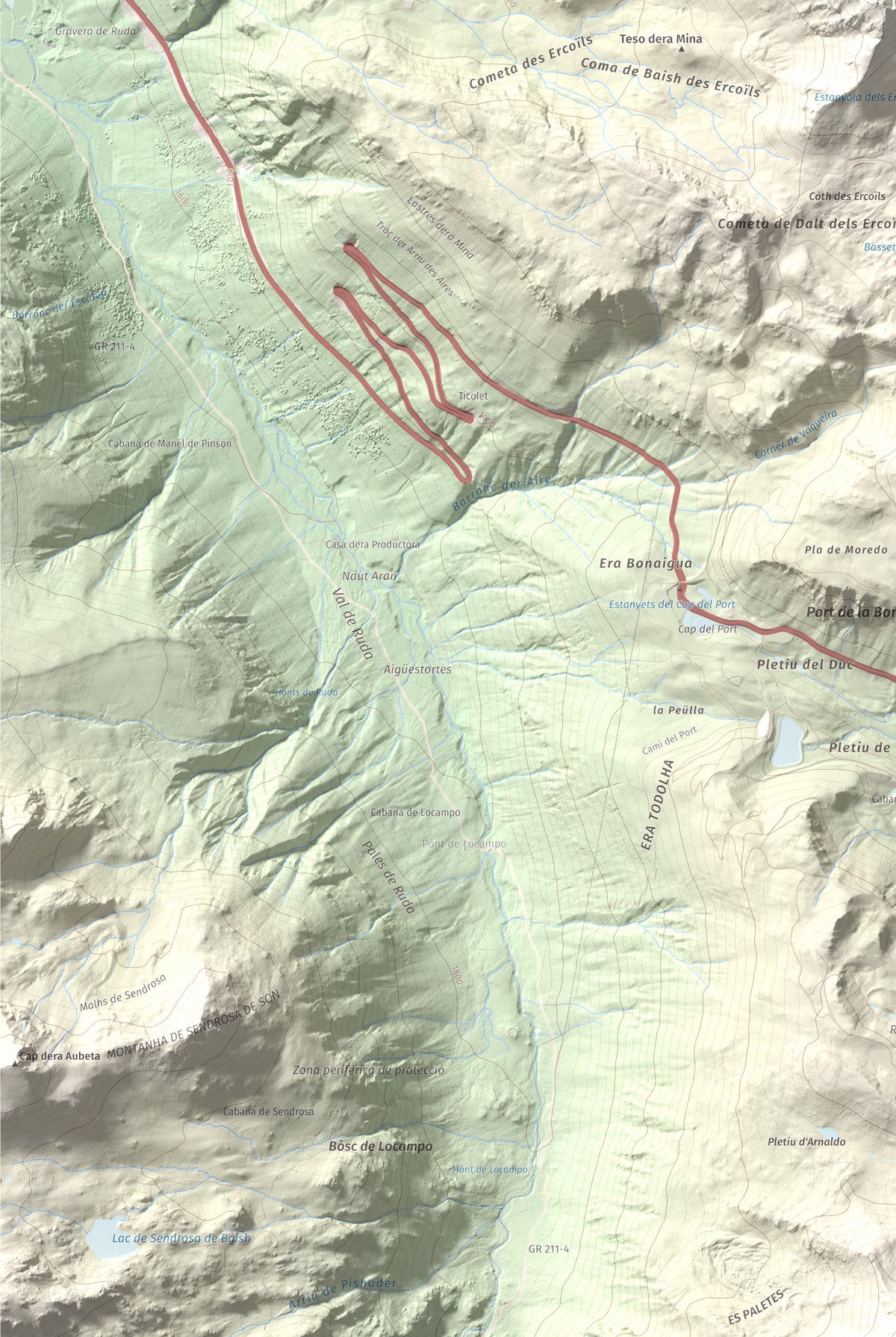 Mapa de relieve de Tuc de la Llança, 2659 m, Pallars Sobirà, lámina 100 Cims de Trobart. Detalle de la zona inferior izquierda. 61 × 91 cm.