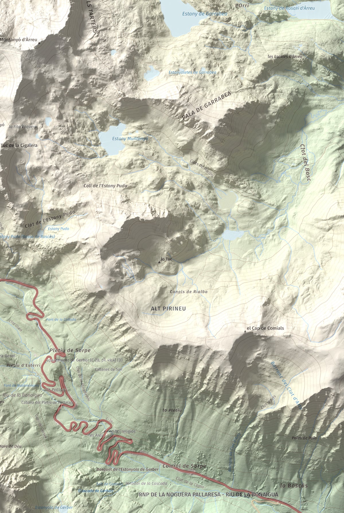 Mapa de relieve de Tuc de la Llança, 2659 m, Pallars Sobirà, lámina 100 Cims de Trobart. Detalle de la zona inferior derecha. 61 × 91 cm.