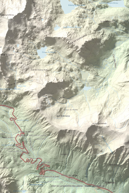 Mapa de relieve de Tuc de la Llança, 2659 m, Pallars Sobirà, lámina 100 Cims de Trobart. Detalle de la zona inferior derecha. 61 × 91 cm.