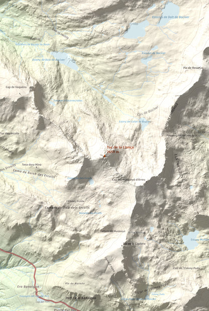 Mapa de relieve de Tuc de la Llança, 2659 m, Pallars Sobirà, lámina 100 Cims de Trobart. Detalle de la zona central. 61 × 91 cm.