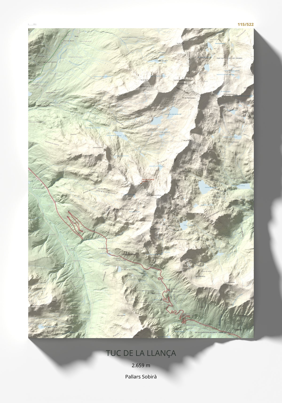 Mapa de relieve de Tuc de la Llança, 2659 m, Pallars Sobirà, lámina 100 Cims de Trobart 70 × 100 cm.