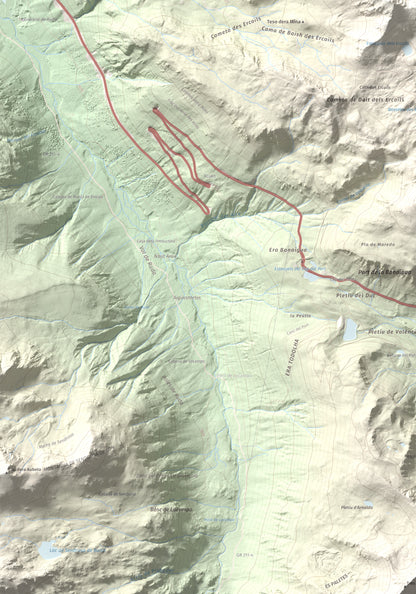 Mapa de relieve de Tuc de la Llança, 2659 m, Pallars Sobirà, lámina 100 Cims de Trobart. Detalle de la zona inferior izquierda. 70 × 100 cm.