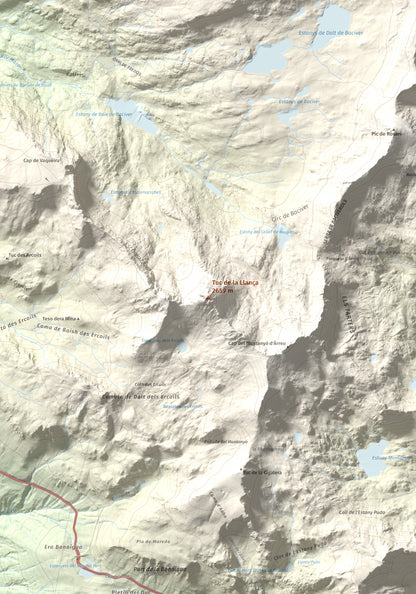 Mapa de relieve de Tuc de la Llança, 2659 m, Pallars Sobirà, lámina 100 Cims de Trobart. Detalle de la zona central. 70 × 100 cm.
