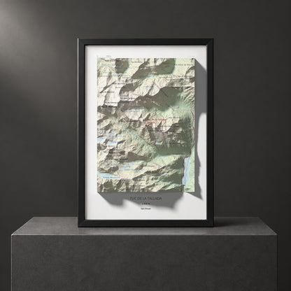 Mapa de relieve de Tuc de la Tallada, 2956 m, Val d'Aran, lámina 100 Cims de Trobart. Presentación enmarcada. 21 × 30 cm.