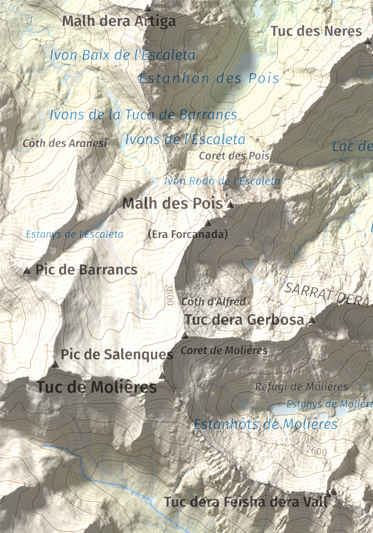 Mapa de relieve de Tuc de la Tallada, 2956 m, Val d'Aran, lámina 100 Cims de Trobart. Detalle de la zona superior izquierda. 21 × 30 cm.