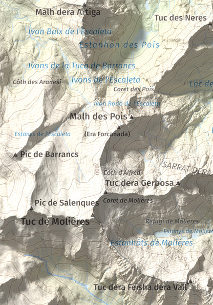Mapa de relieve de Tuc de la Tallada, 2956 m, Val d'Aran, lámina 100 Cims de Trobart. Detalle de la zona superior izquierda. 21 × 30 cm.