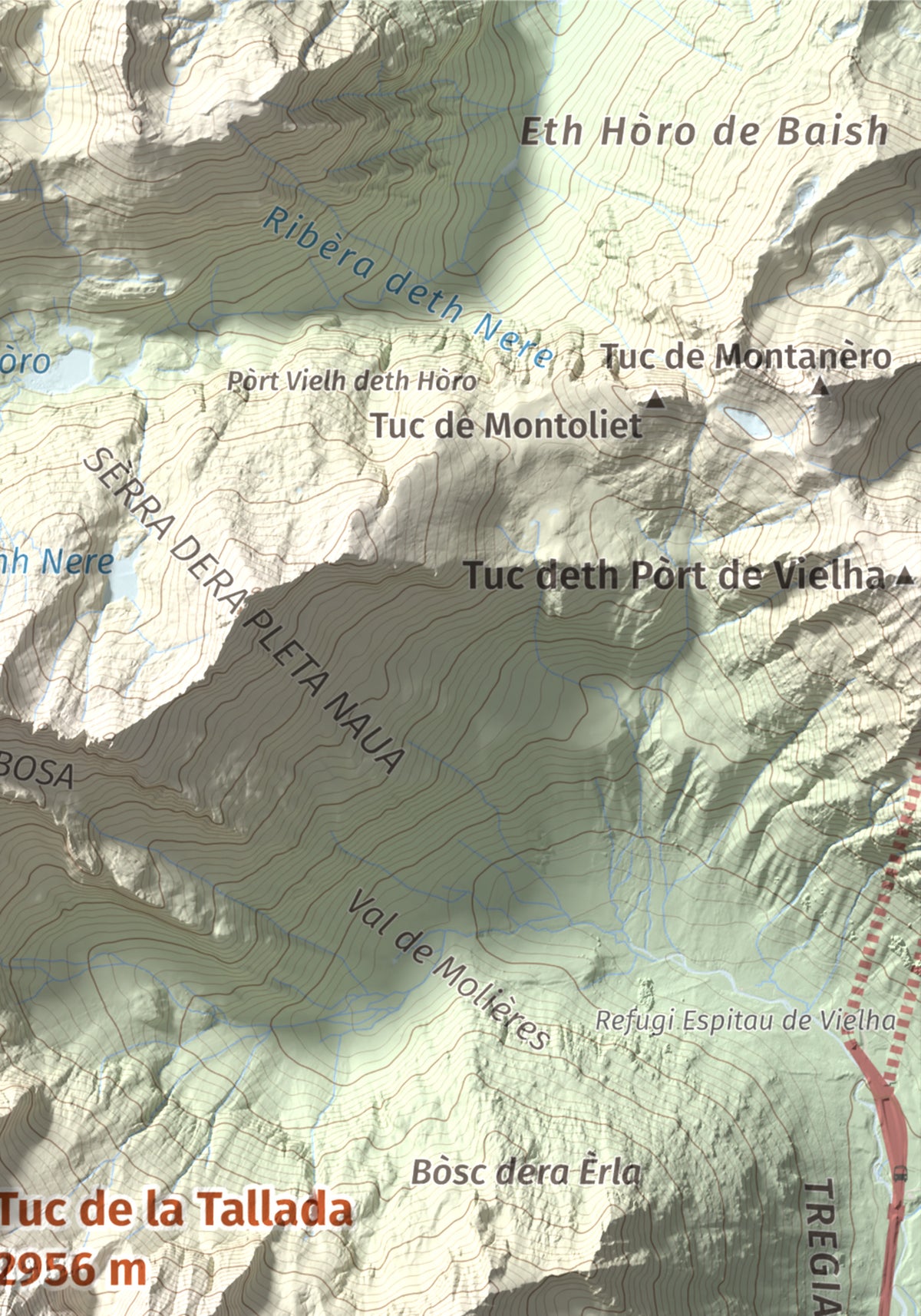 Mapa de relieve de Tuc de la Tallada, 2956 m, Val d'Aran, lámina 100 Cims de Trobart. Detalle de la zona superior derecha. 21 × 30 cm.