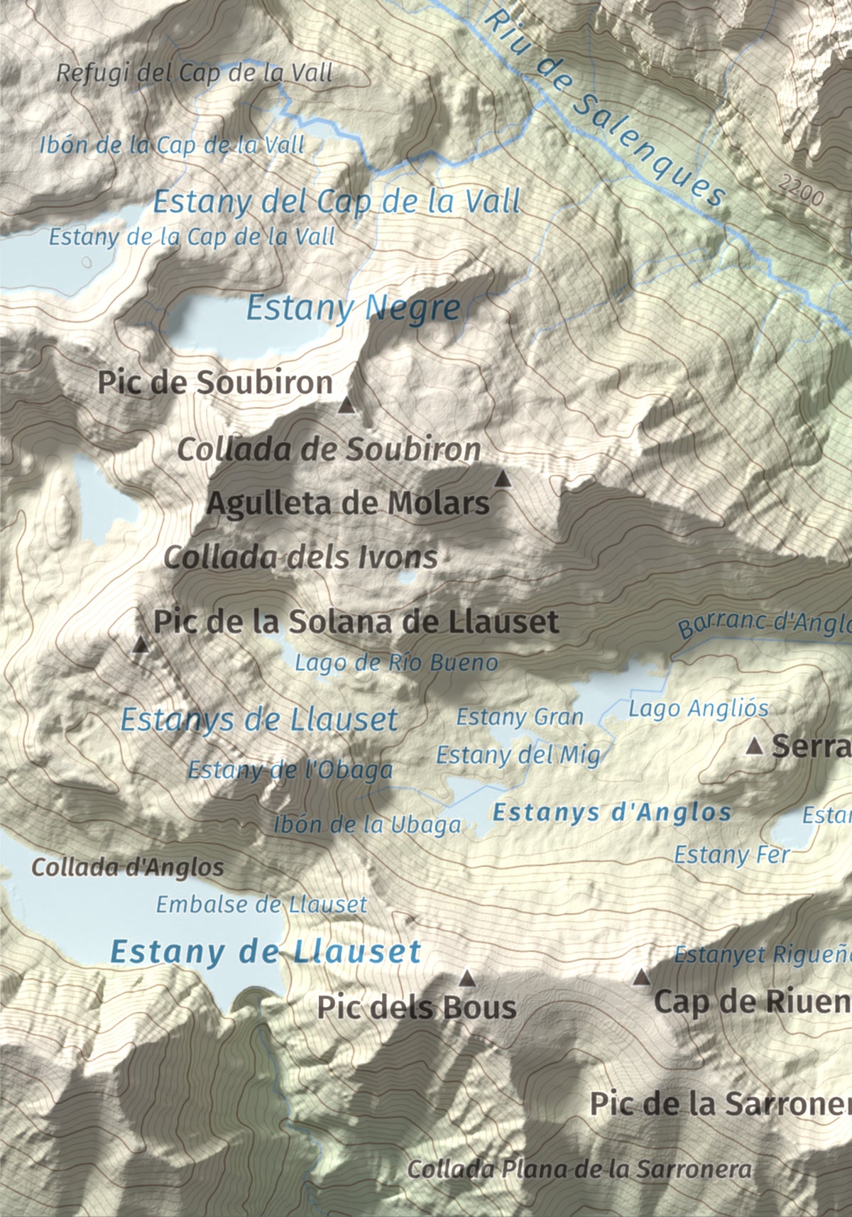 Mapa de relieve de Tuc de la Tallada, 2956 m, Val d'Aran, lámina 100 Cims de Trobart. Detalle de la zona inferior izquierda. 21 × 30 cm.