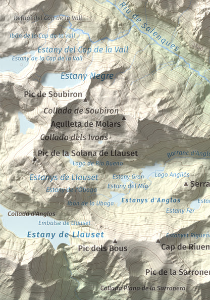 Mapa de relieve de Tuc de la Tallada, 2956 m, Val d'Aran, lámina 100 Cims de Trobart. Detalle de la zona inferior izquierda. 21 × 30 cm.