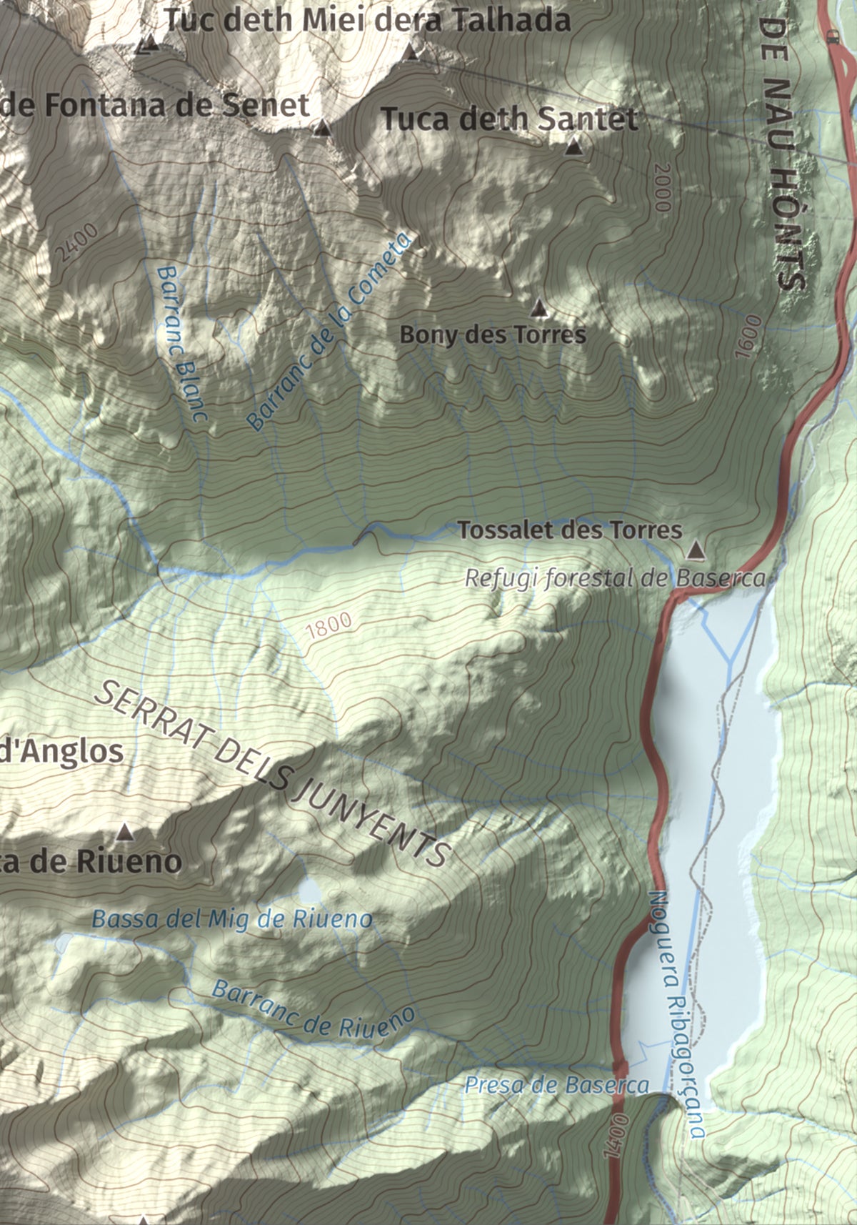 Mapa de relieve de Tuc de la Tallada, 2956 m, Val d'Aran, lámina 100 Cims de Trobart. Detalle de la zona inferior derecha. 21 × 30 cm.