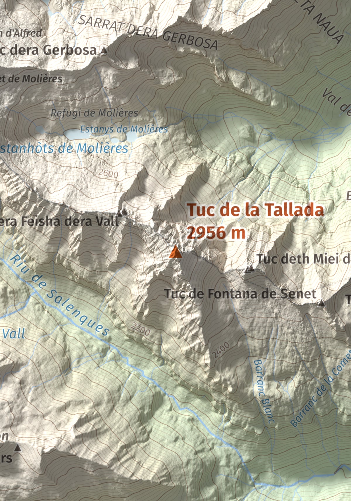 Mapa de relieve de Tuc de la Tallada, 2956 m, Val d'Aran, lámina 100 Cims de Trobart. Detalle de la zona central. 21 × 30 cm.