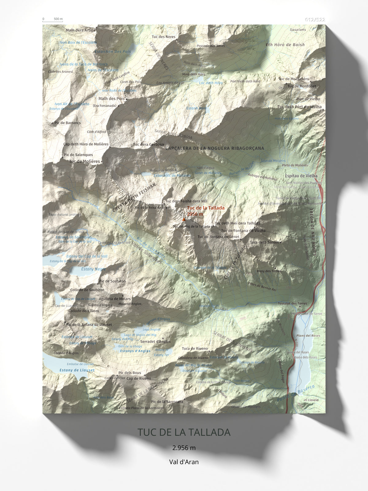 Mapa de relieve de Tuc de la Tallada, 2956 m, Val d'Aran, lámina 100 Cims de Trobart 30 × 40 cm.