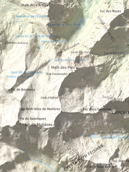 Mapa de relieve de Tuc de la Tallada, 2956 m, Val d'Aran, lámina 100 Cims de Trobart. Detalle de la zona superior izquierda. 30 × 40 cm.