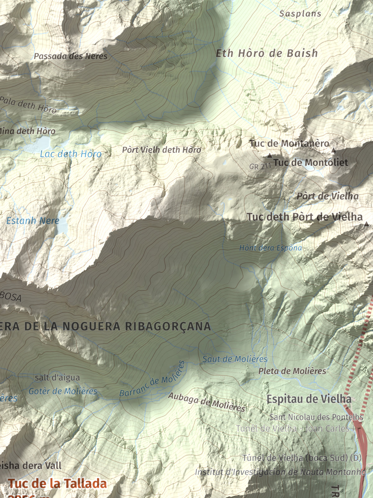 Mapa de relieve de Tuc de la Tallada, 2956 m, Val d'Aran, lámina 100 Cims de Trobart. Detalle de la zona superior derecha. 30 × 40 cm.