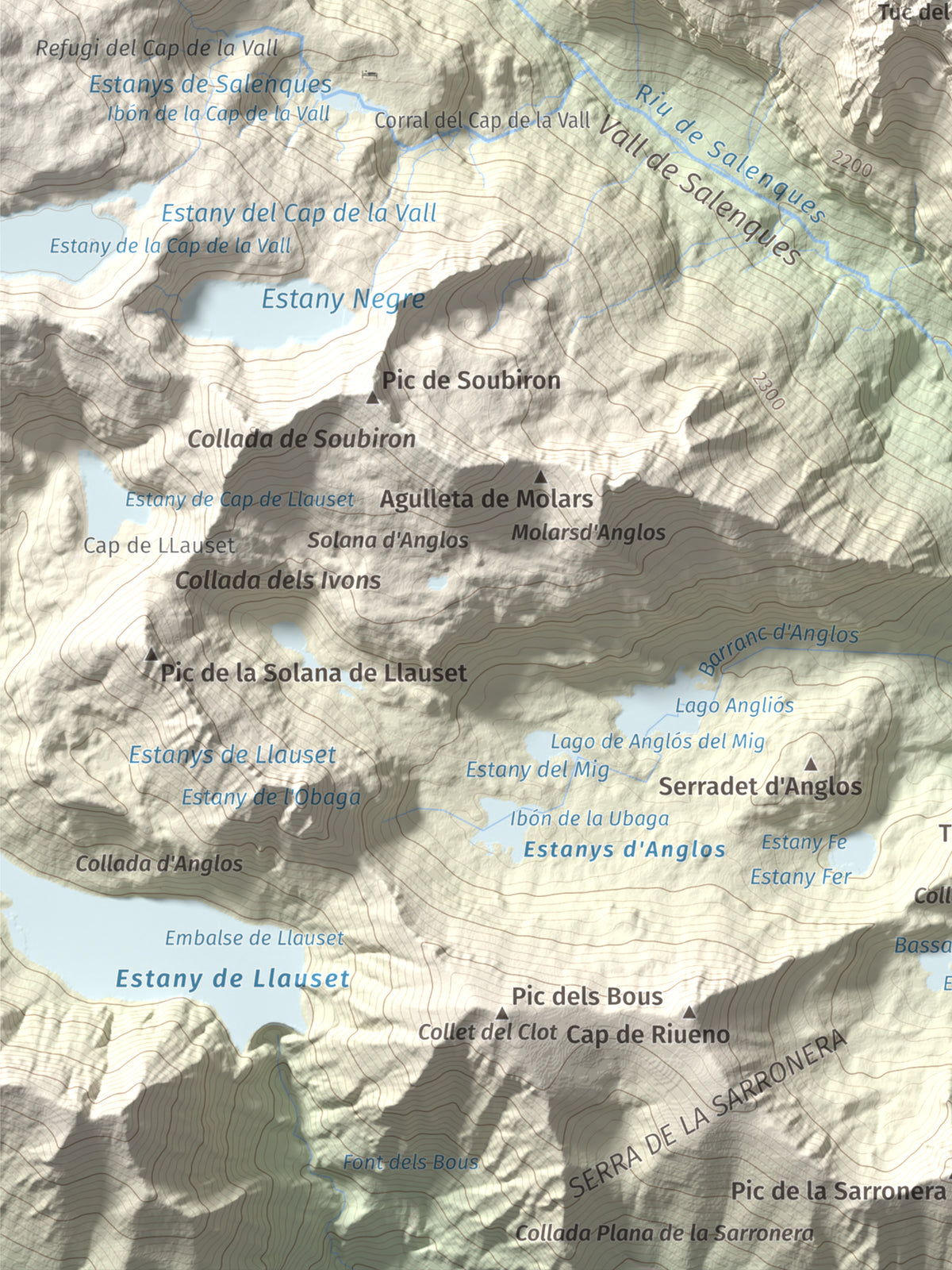 Mapa de relieve de Tuc de la Tallada, 2956 m, Val d'Aran, lámina 100 Cims de Trobart. Detalle de la zona inferior izquierda. 30 × 40 cm.