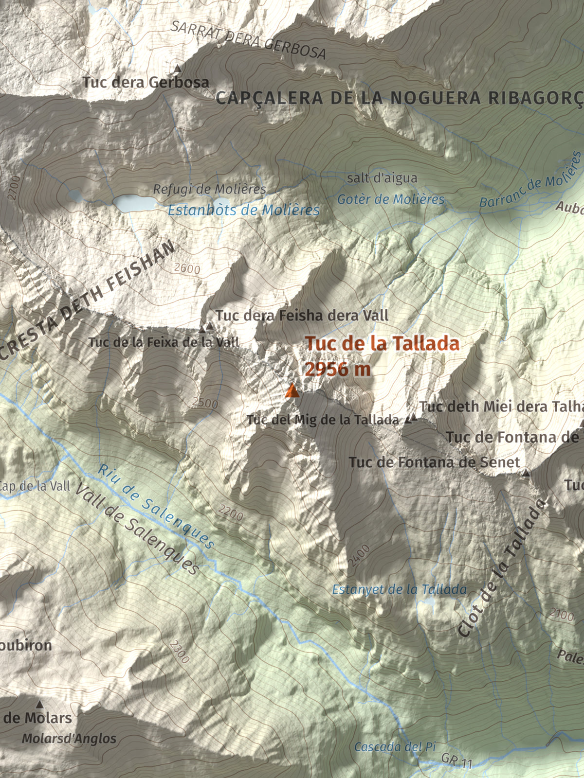 Mapa de relieve de Tuc de la Tallada, 2956 m, Val d'Aran, lámina 100 Cims de Trobart. Detalle de la zona central. 30 × 40 cm.