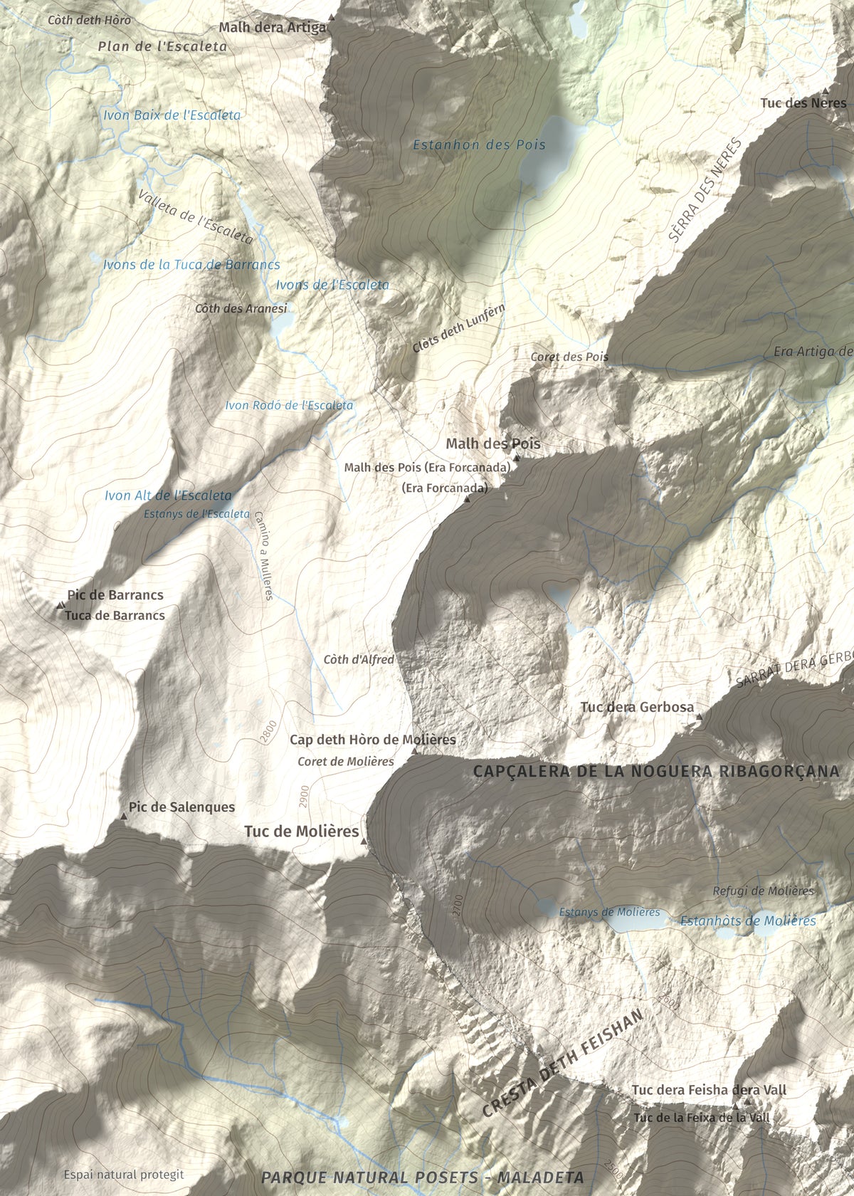 Mapa de relieve de Tuc de la Tallada, 2956 m, Val d'Aran, lámina 100 Cims de Trobart. Detalle de la zona superior izquierda. 50 × 70 cm.