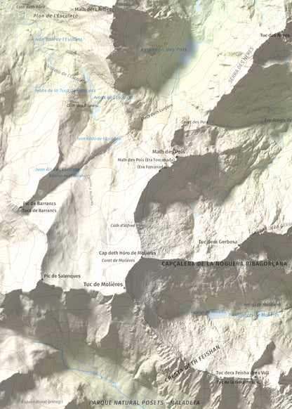 Mapa de relieve de Tuc de la Tallada, 2956 m, Val d'Aran, lámina 100 Cims de Trobart. Detalle de la zona superior izquierda. 50 × 70 cm.
