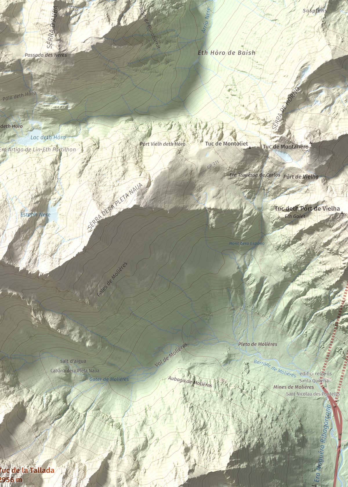 Mapa de relieve de Tuc de la Tallada, 2956 m, Val d'Aran, lámina 100 Cims de Trobart. Detalle de la zona superior derecha. 50 × 70 cm.