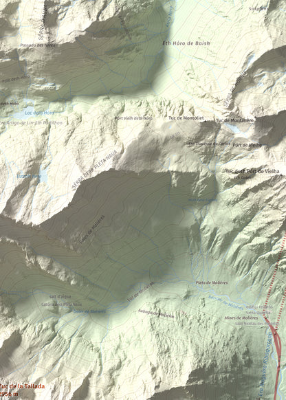 Mapa de relieve de Tuc de la Tallada, 2956 m, Val d'Aran, lámina 100 Cims de Trobart. Detalle de la zona superior derecha. 50 × 70 cm.