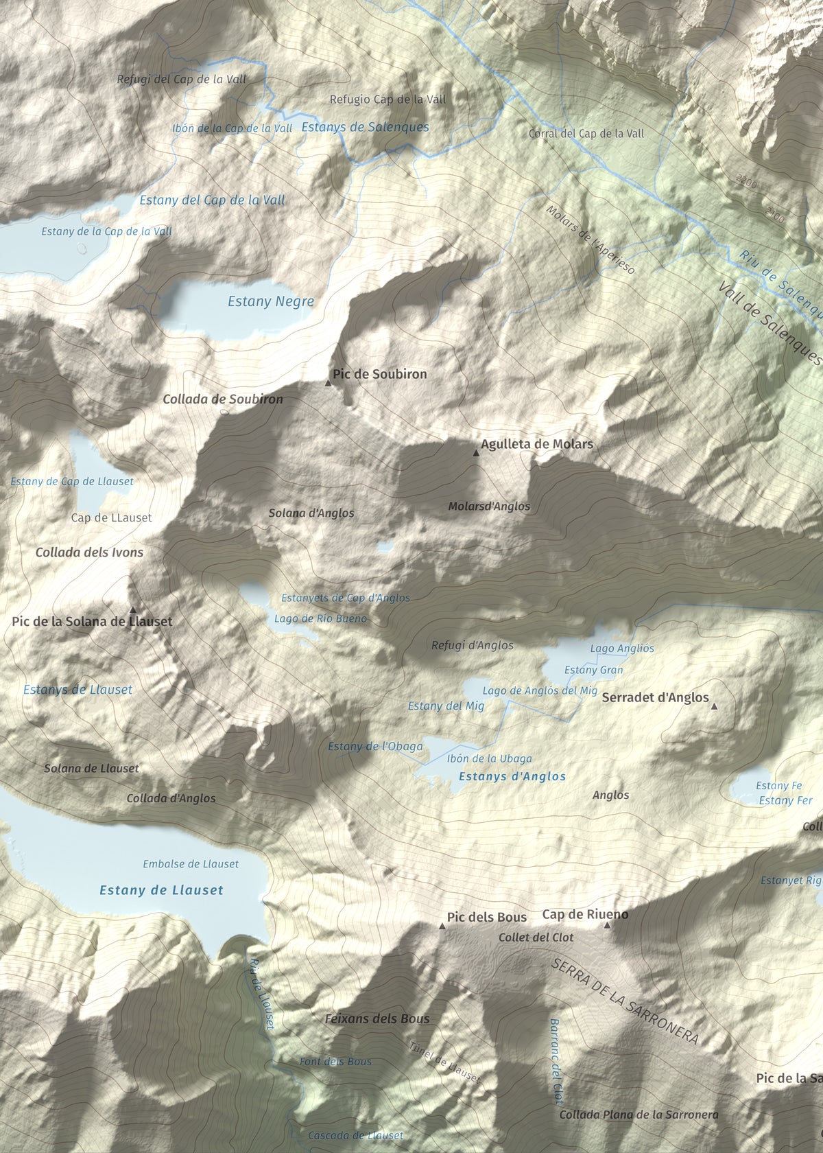Mapa de relieve de Tuc de la Tallada, 2956 m, Val d'Aran, lámina 100 Cims de Trobart. Detalle de la zona inferior izquierda. 50 × 70 cm.
