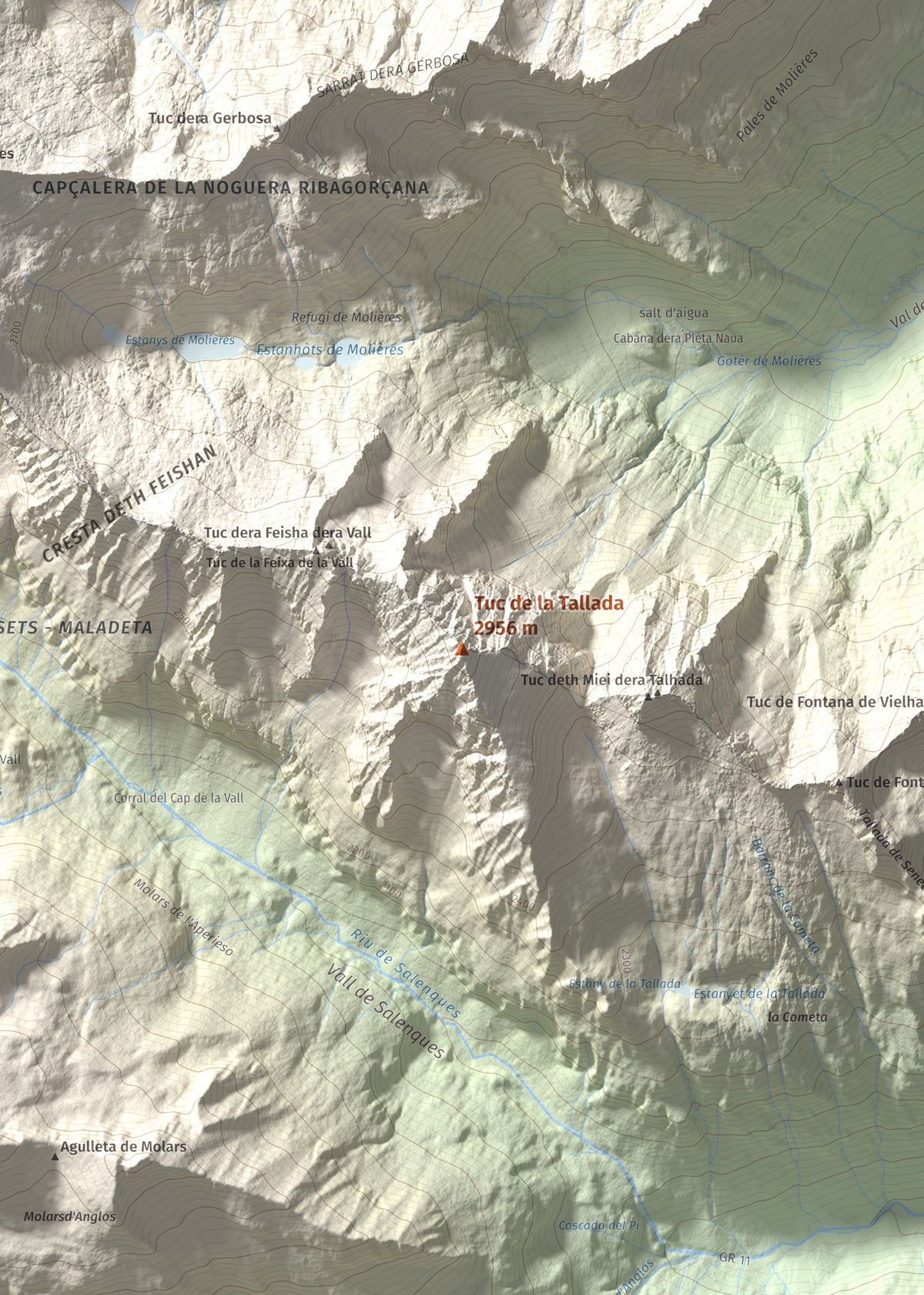 Mapa de relieve de Tuc de la Tallada, 2956 m, Val d'Aran, lámina 100 Cims de Trobart. Detalle de la zona central. 50 × 70 cm.