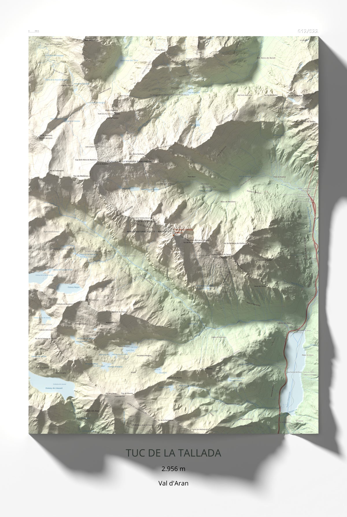 Mapa de relieve de Tuc de la Tallada, 2956 m, Val d'Aran, lámina 100 Cims de Trobart 61 × 91 cm.