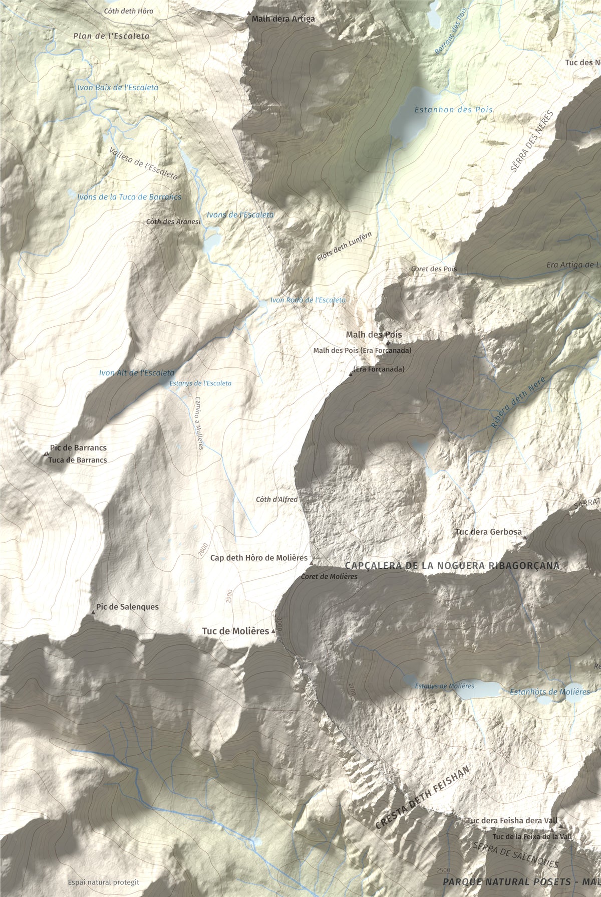 Mapa de relieve de Tuc de la Tallada, 2956 m, Val d'Aran, lámina 100 Cims de Trobart. Detalle de la zona superior izquierda. 61 × 91 cm.