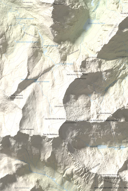 Mapa de relieve de Tuc de la Tallada, 2956 m, Val d'Aran, lámina 100 Cims de Trobart. Detalle de la zona superior izquierda. 61 × 91 cm.