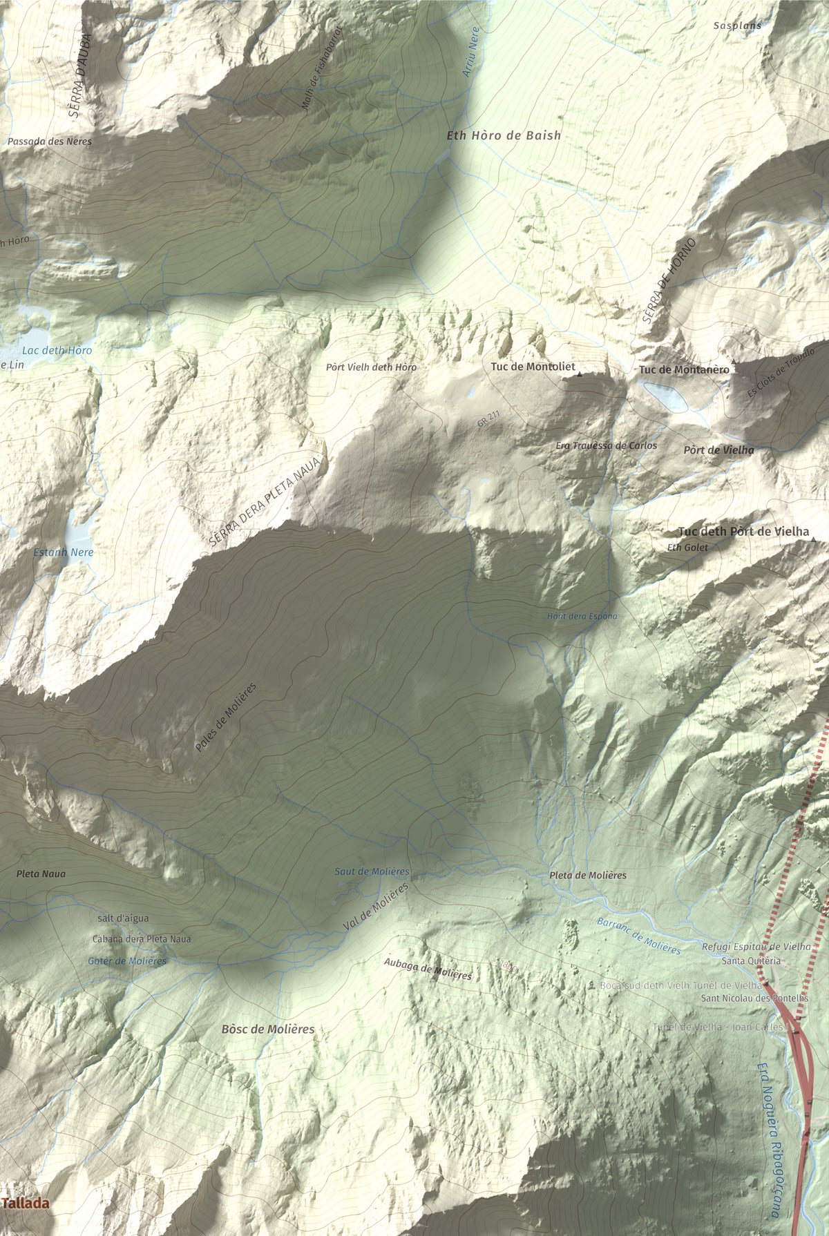 Mapa de relieve de Tuc de la Tallada, 2956 m, Val d'Aran, lámina 100 Cims de Trobart. Detalle de la zona superior derecha. 61 × 91 cm.