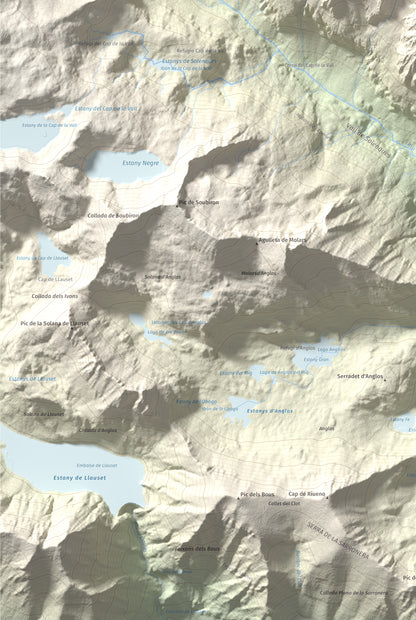 Mapa de relieve de Tuc de la Tallada, 2956 m, Val d'Aran, lámina 100 Cims de Trobart. Detalle de la zona inferior izquierda. 61 × 91 cm.