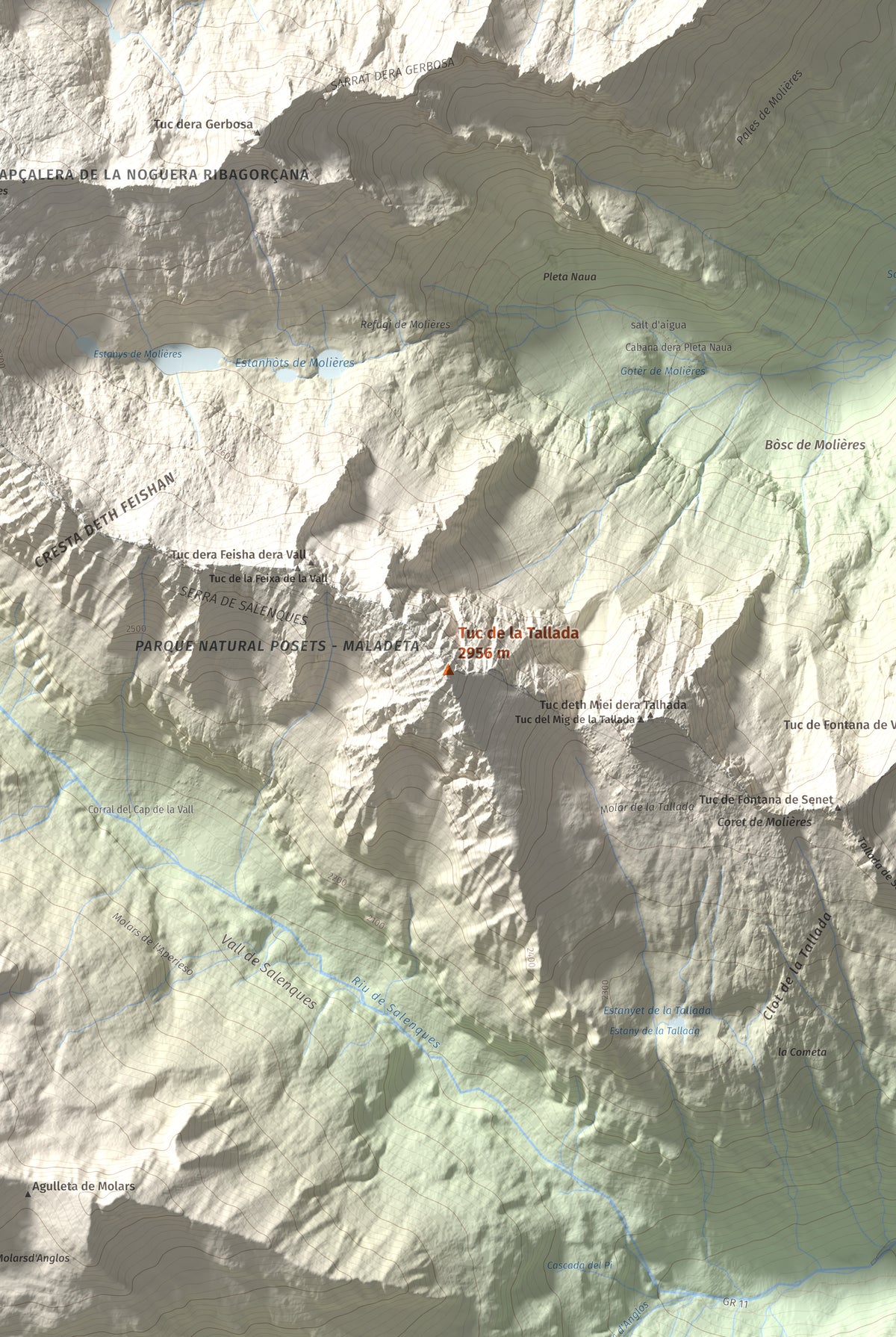 Mapa de relieve de Tuc de la Tallada, 2956 m, Val d'Aran, lámina 100 Cims de Trobart. Detalle de la zona central. 61 × 91 cm.