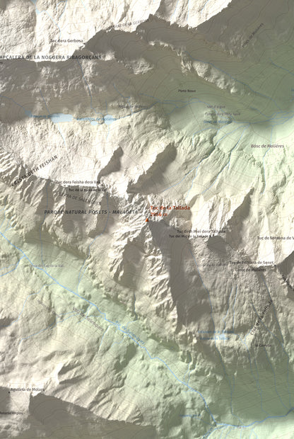 Mapa de relieve de Tuc de la Tallada, 2956 m, Val d'Aran, lámina 100 Cims de Trobart. Detalle de la zona central. 61 × 91 cm.