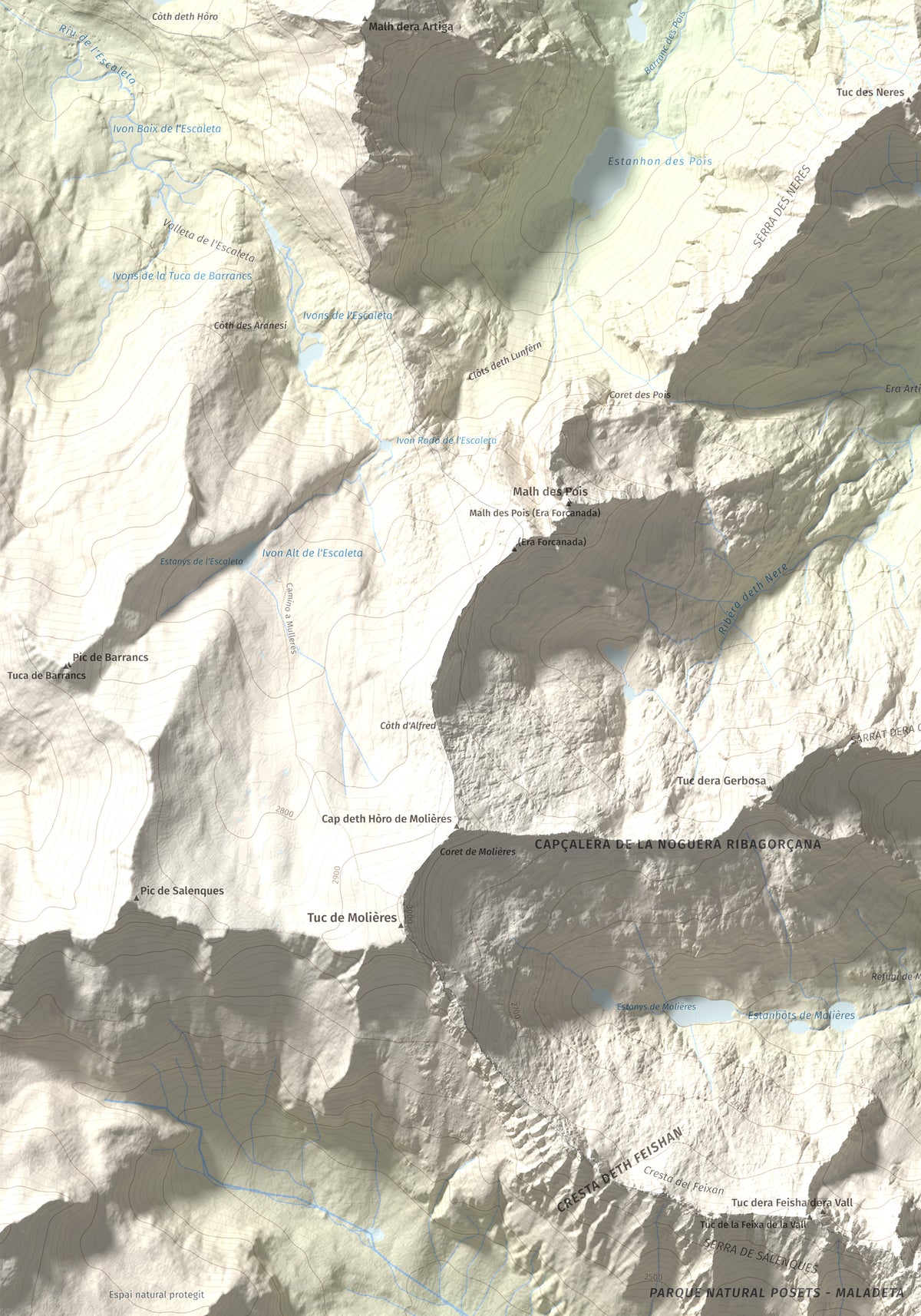 Mapa de relieve de Tuc de la Tallada, 2956 m, Val d'Aran, lámina 100 Cims de Trobart. Detalle de la zona superior izquierda. 70 × 100 cm.