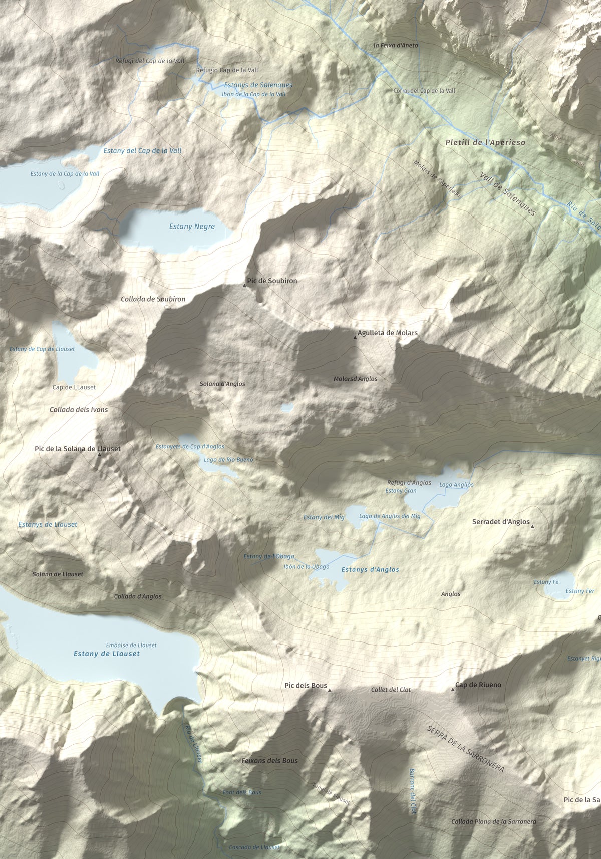 Mapa de relieve de Tuc de la Tallada, 2956 m, Val d'Aran, lámina 100 Cims de Trobart. Detalle de la zona inferior izquierda. 70 × 100 cm.