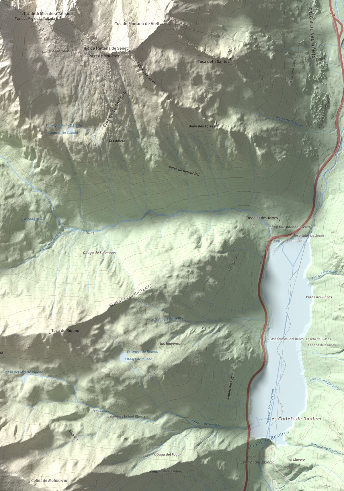 Mapa de relieve de Tuc de la Tallada, 2956 m, Val d'Aran, lámina 100 Cims de Trobart. Detalle de la zona inferior derecha. 70 × 100 cm.