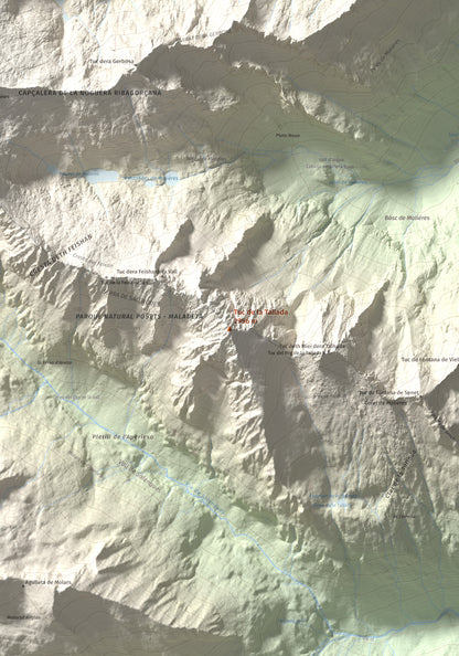 Mapa de relieve de Tuc de la Tallada, 2956 m, Val d'Aran, lámina 100 Cims de Trobart. Detalle de la zona central. 70 × 100 cm.