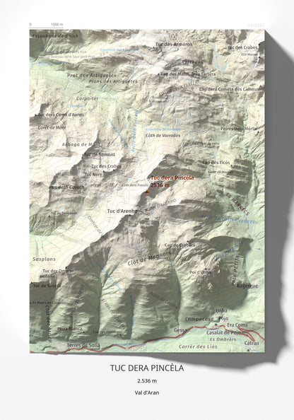 Mapa de relieve de Tuc dera Pincèla, 2536 m, Val d'Aran, lámina 100 Cims de Trobart 21 × 30 cm.