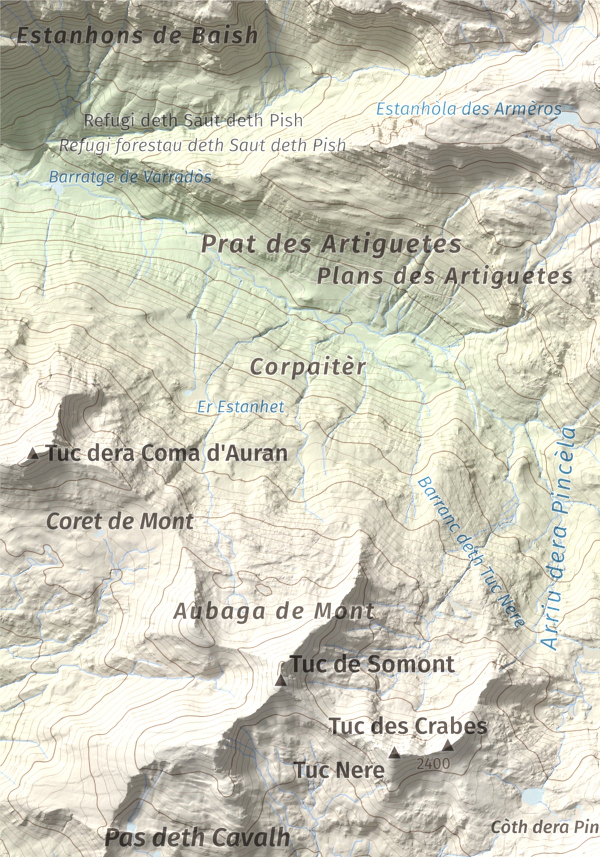Mapa de relieve de Tuc dera Pincèla, 2536 m, Val d'Aran, lámina 100 Cims de Trobart. Detalle de la zona superior izquierda. 21 × 30 cm.