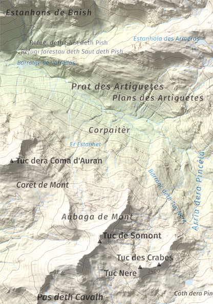 Mapa de relieve de Tuc dera Pincèla, 2536 m, Val d'Aran, lámina 100 Cims de Trobart. Detalle de la zona superior izquierda. 21 × 30 cm.