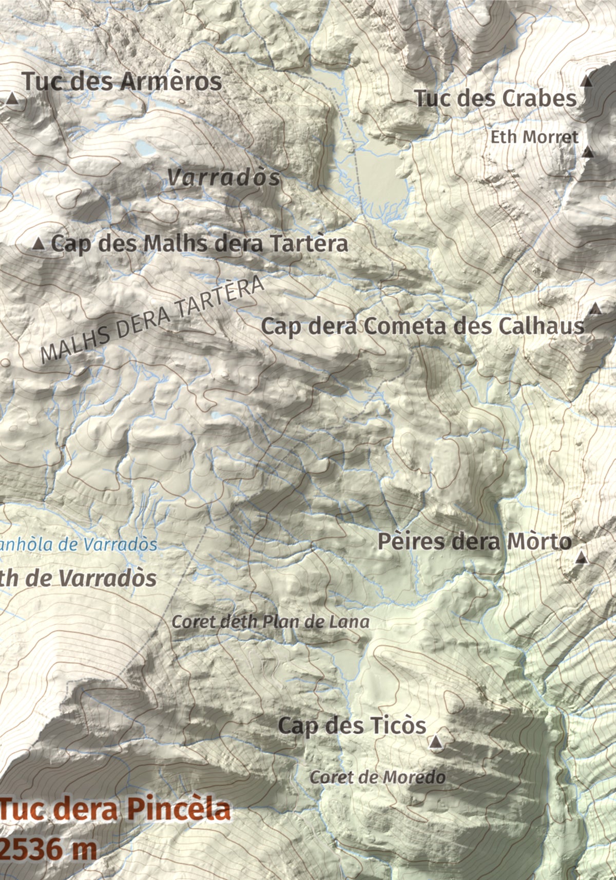 Mapa de relieve de Tuc dera Pincèla, 2536 m, Val d'Aran, lámina 100 Cims de Trobart. Detalle de la zona superior derecha. 21 × 30 cm.