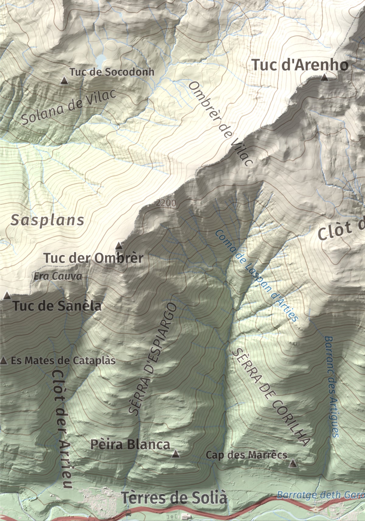 Mapa de relieve de Tuc dera Pincèla, 2536 m, Val d'Aran, lámina 100 Cims de Trobart. Detalle de la zona inferior izquierda. 21 × 30 cm.