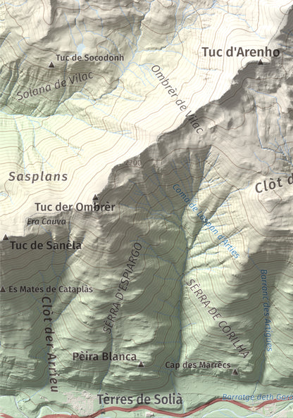 Mapa de relieve de Tuc dera Pincèla, 2536 m, Val d'Aran, lámina 100 Cims de Trobart. Detalle de la zona inferior izquierda. 21 × 30 cm.