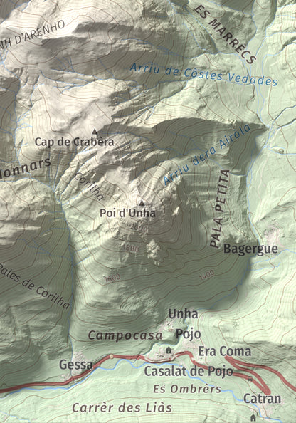 Mapa de relieve de Tuc dera Pincèla, 2536 m, Val d'Aran, lámina 100 Cims de Trobart. Detalle de la zona inferior derecha. 21 × 30 cm.