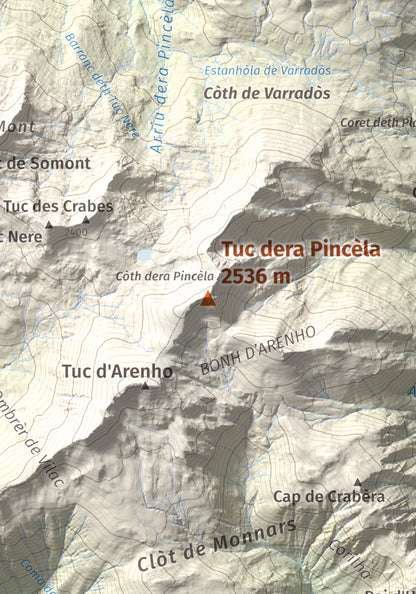 Mapa de relieve de Tuc dera Pincèla, 2536 m, Val d'Aran, lámina 100 Cims de Trobart. Detalle de la zona central. 21 × 30 cm.