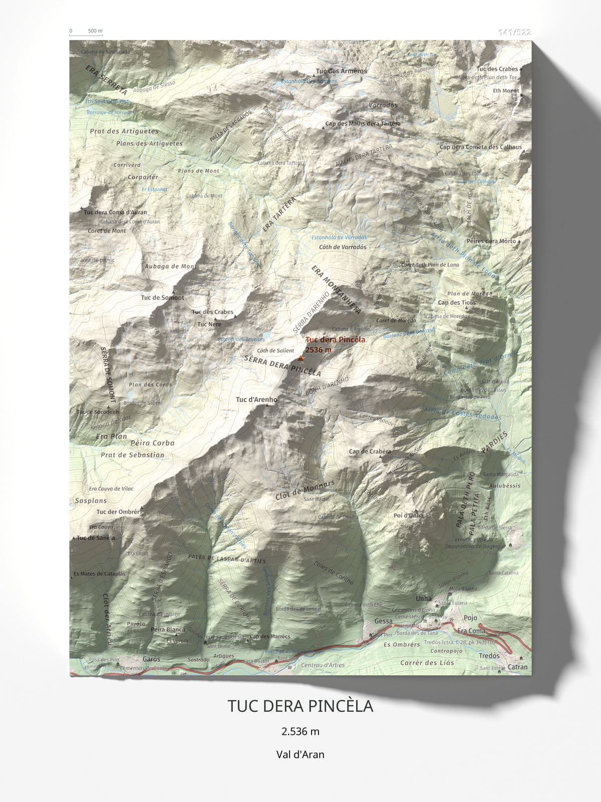 Mapa de relieve de Tuc dera Pincèla, 2536 m, Val d'Aran, lámina 100 Cims de Trobart 30 × 40 cm.