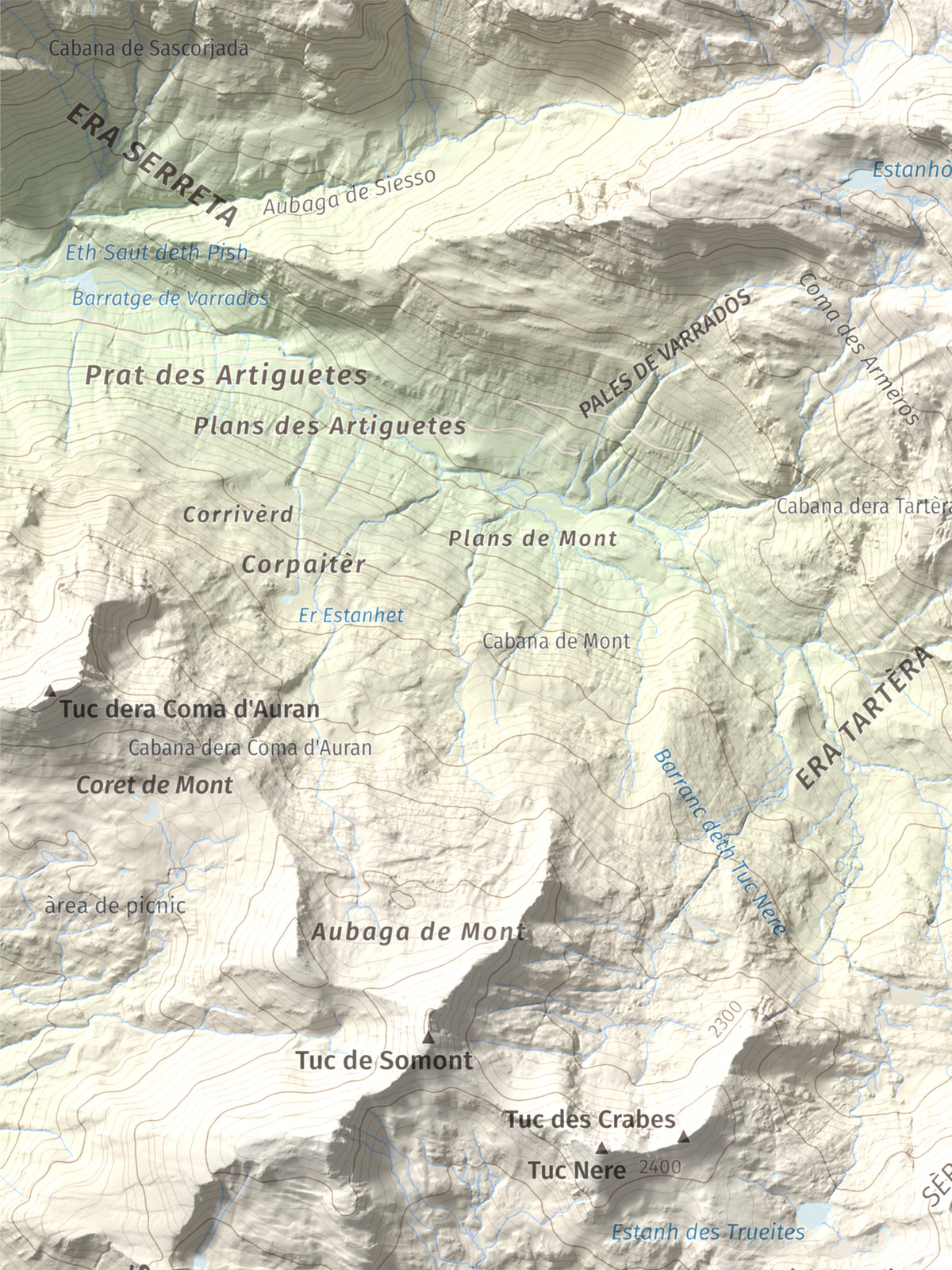 Mapa de relieve de Tuc dera Pincèla, 2536 m, Val d'Aran, lámina 100 Cims de Trobart. Detalle de la zona superior izquierda. 30 × 40 cm.