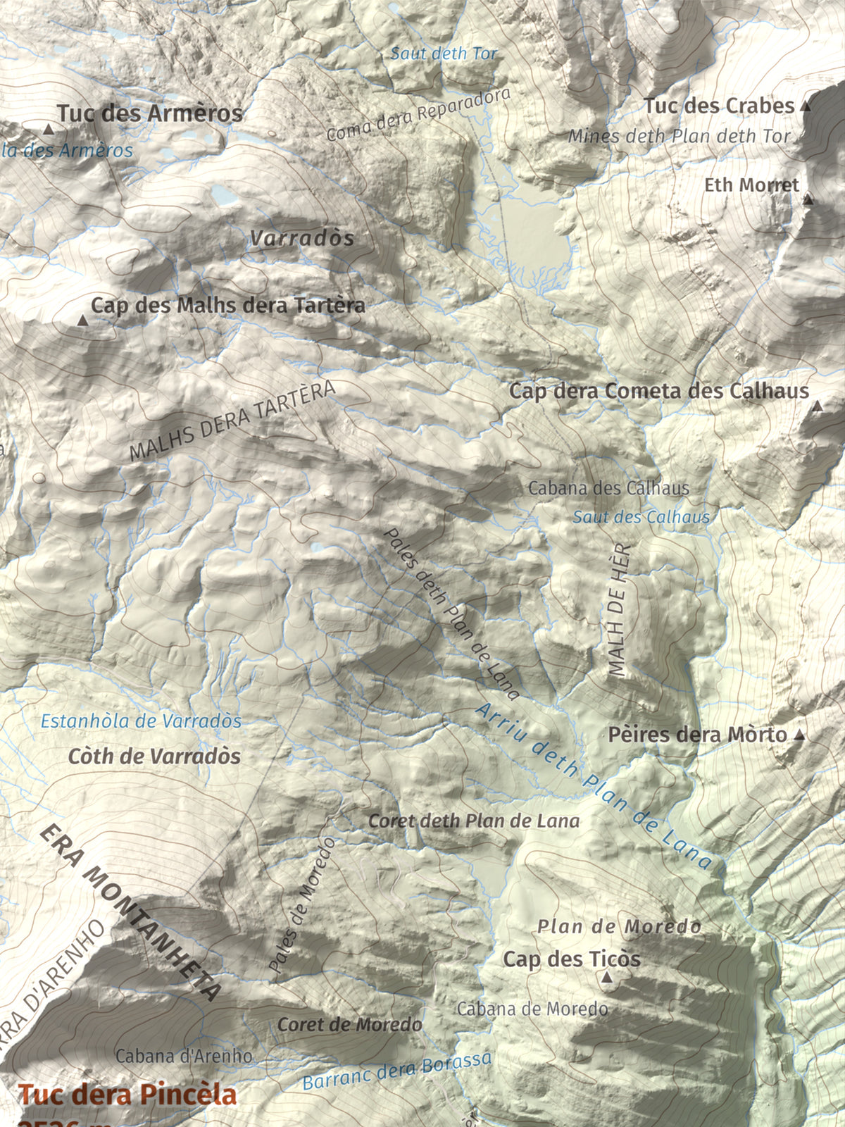 Mapa de relieve de Tuc dera Pincèla, 2536 m, Val d'Aran, lámina 100 Cims de Trobart. Detalle de la zona superior derecha. 30 × 40 cm.